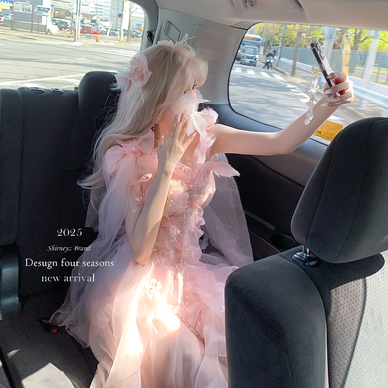 Pink off-the-shoulder bandeau dress - romantic french fairy princess dress