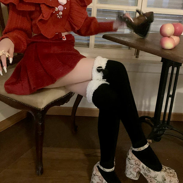 Fashion lamb wool socks autumn and winter plush jk knee thigh socks thickened warm cute hairball socks