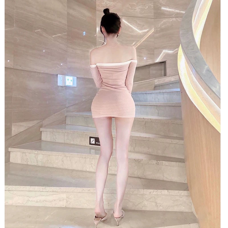 Pure desire sexy spice girl one-word collar off-the-shoulder striped long-sleeved dress slim and thin inside with hip-wrapped short skirt