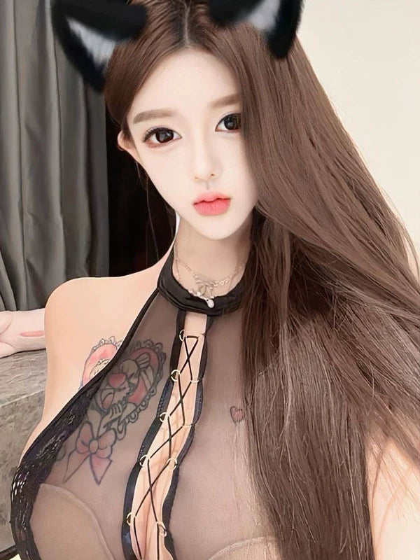 Pure desire style sexy babes hollow backless cross strap vest black mesh perspective backless sling fashion