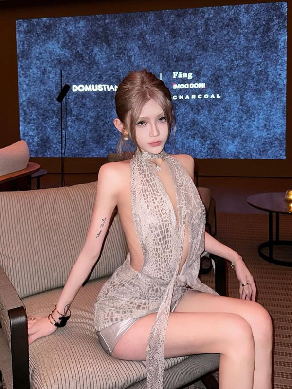 Sexy spicy girl snake print low cut hanging neck tie backless pleated mini dress anchor short skirt