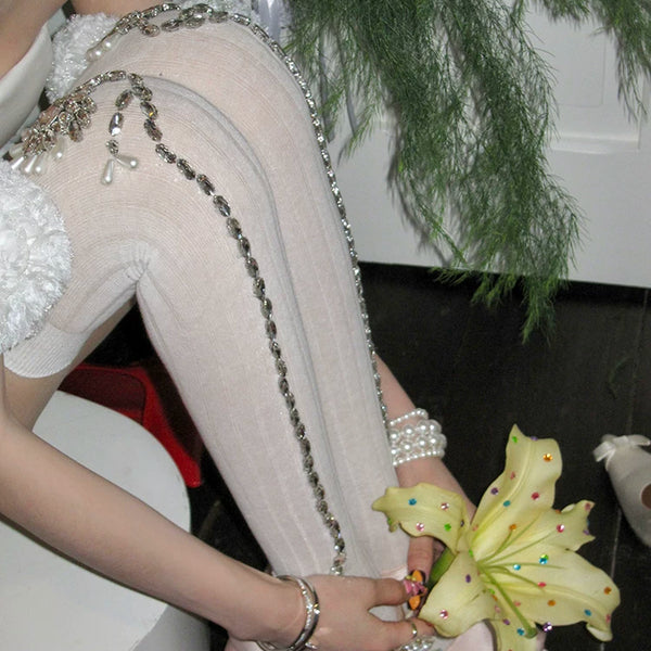 Fashion niche European goods light luxury heavy industry flower rhinestone socks tide Internet celebrities wear knee-piled socks