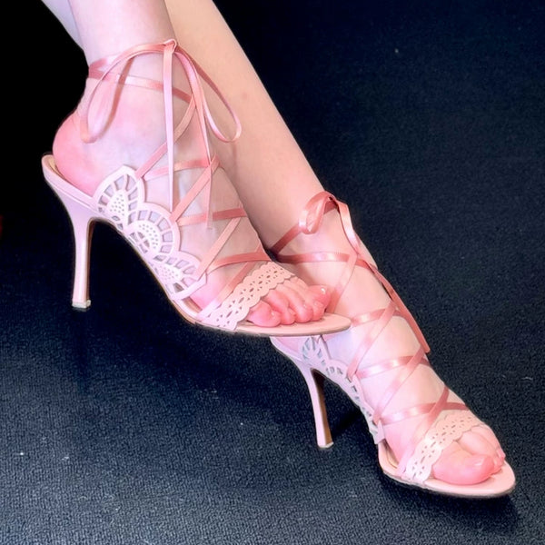 Medieval fairy style cross strap high heels new arrivalfrench stiletto cut outprinting beautiful sandals