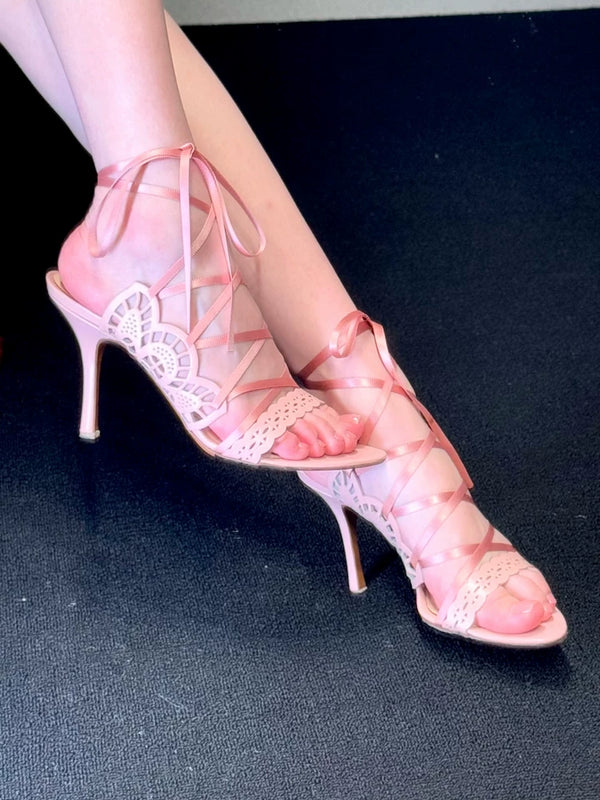 Medieval fairy style cross strap high heels new arrivalfrench stiletto cut outprinting beautiful sandals