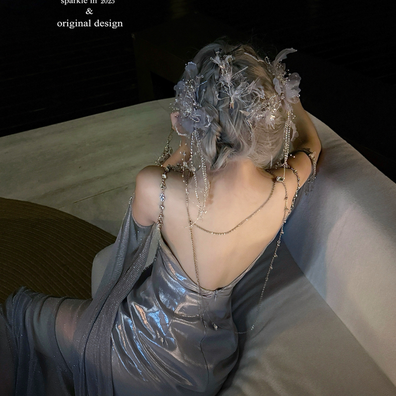 Silver slimming sexy dress full diamond split goddess maxi dress