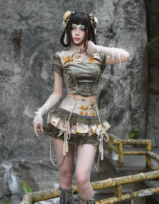 New chinoiserie jacquard snake print slimming tassel short sleeve cheongsam tops christmas halloween