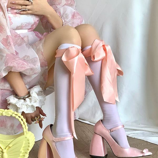 Fashion niche bow ribbon knee socks knee white girl lolita college wind stockings princess