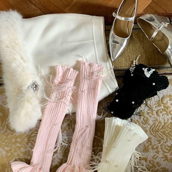 Fashion Sweet Girl Pearl Feather Pile Socks Cover Medium Tube Lolita Socks Knitted Socks Cover