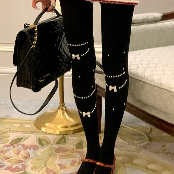 Fashion niche design pearl necklace Japanese jk white pantyhose women's milk white leggings