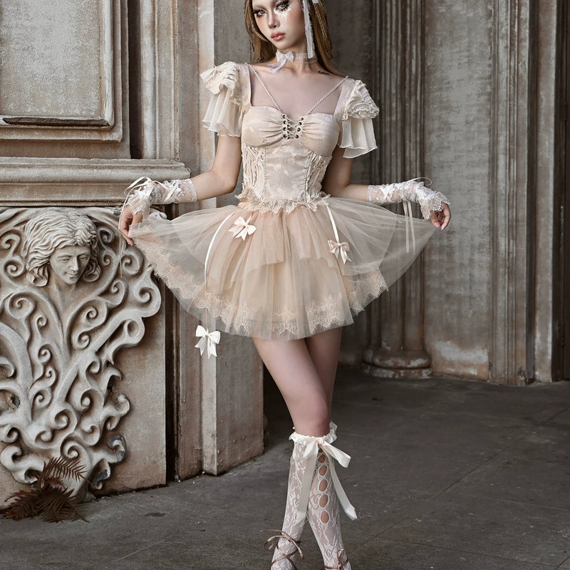 Original ◆ Broken ballet court flutter sleeve jacquard tie-up boned bodycon top - perfect for halloween & christmas