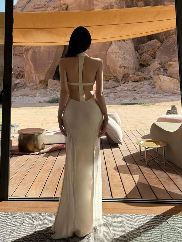 Pure desire, sexy, spicy girl, backless vacation, backless mesh, wrapped buttocks, suspender dress, socialite, queen, wrapped buttocks, long skirt