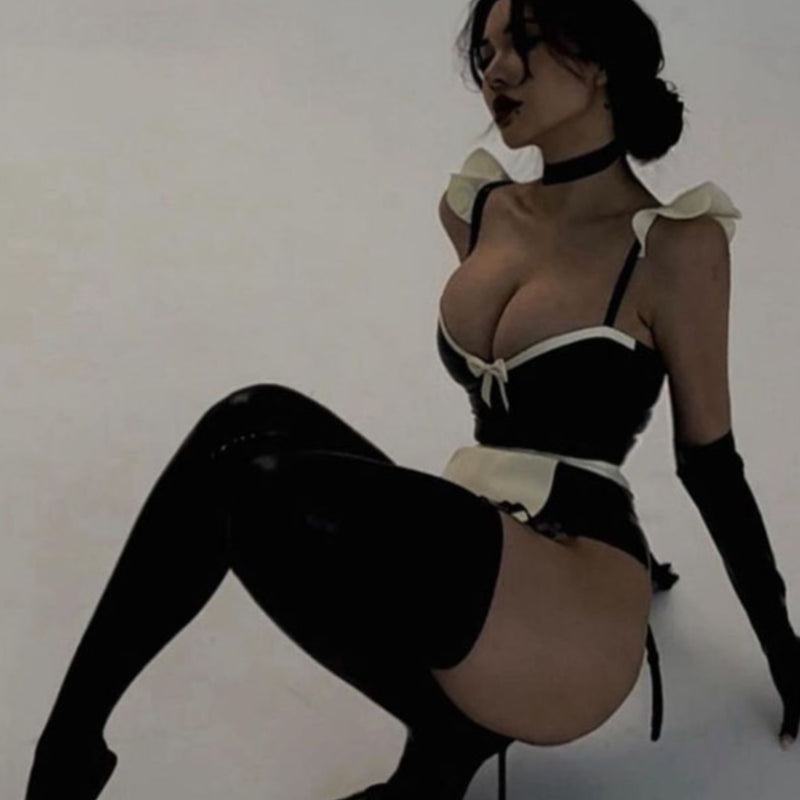 Sexy hot seduction pu leather fungus edge lace onesie girl throbbing maid uniform high fork onesie suspenders