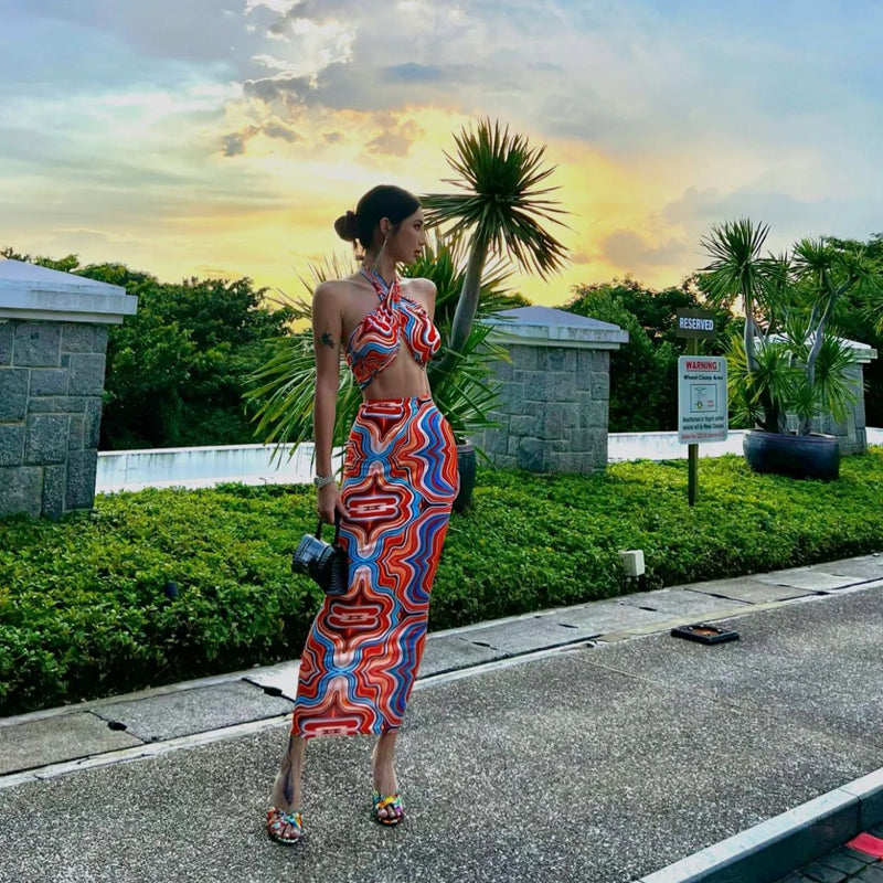 Niche design Sexy Spice Girl temperament neck holiday neck long dress printed backless dress summer suit women