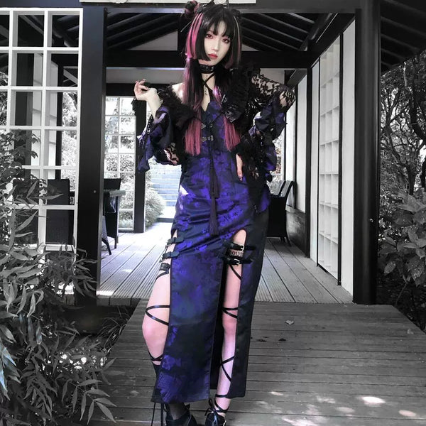 Original chinese style new chinese style slit tassel leather buckle hip skirt dress