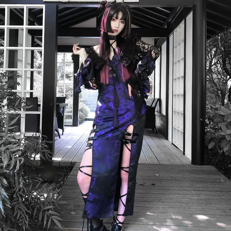 Original chinese style new chinese style slit tassel leather buckle hip skirt dress