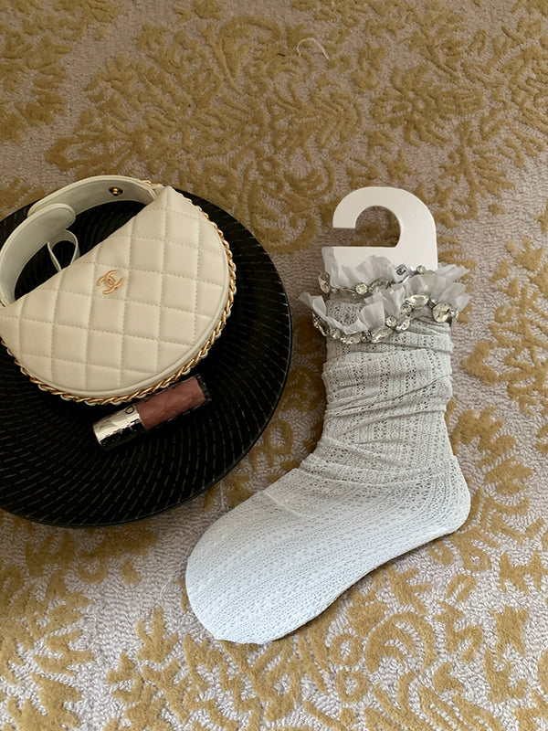 Fashion original designer brand knee flash diamond knee socks women's autumn and winter stockings milk white Japanese jk