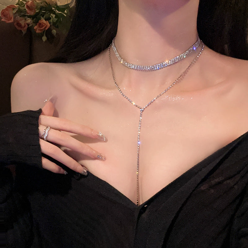 Go to the dinner together~ Full diamond super flash tassel necklace women's light luxury niche design chest chain high-grade collarbone chain neck chain