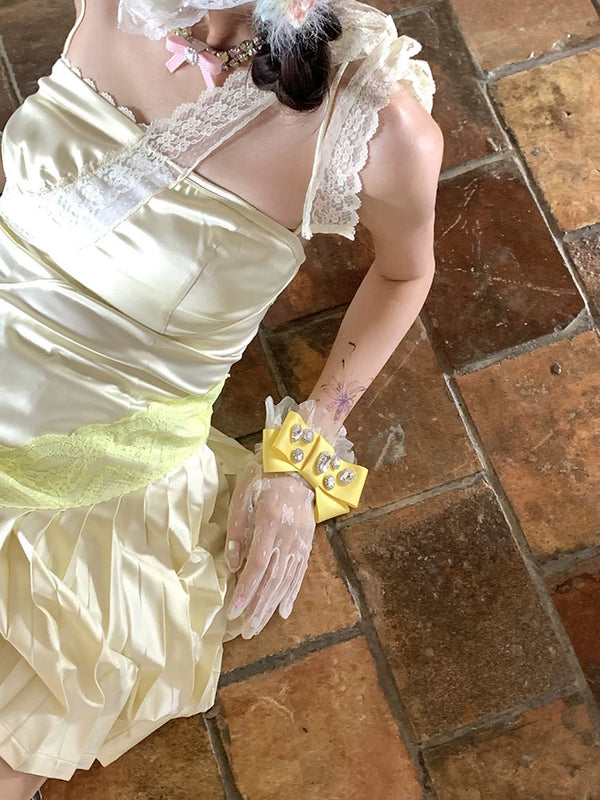 Fashion Niche Spring Summer Palace Gorgeous Textured Glossy Ribbon Inlaid Gemstone Lace Velvet Jewelry Gloves