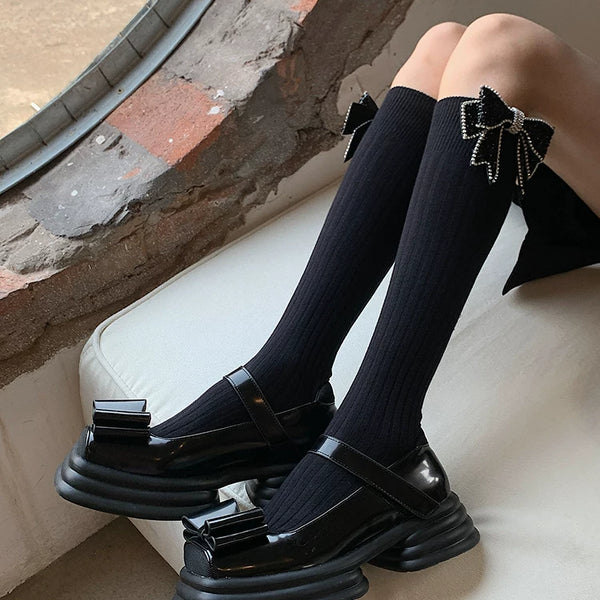 Fashion original niche design handmade bow rhinestone versatile black double needle medium high tube sweet beautiful women socks