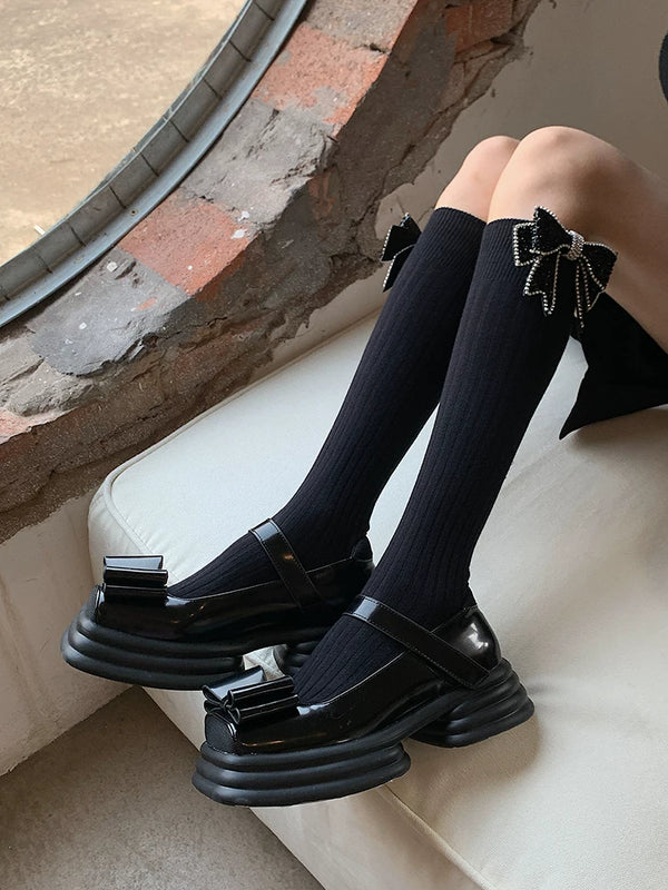 Fashion original niche design handmade bow rhinestone versatile black double needle medium high tube sweet beautiful women socks