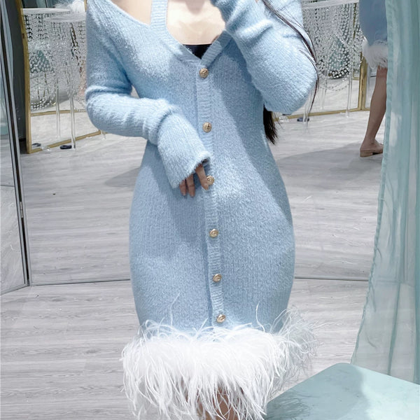Original design baby blue mohair long-sleeved elastic knitted dress ostrich hair dress