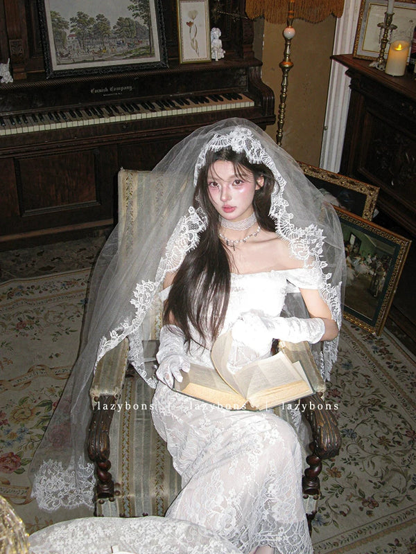 One-word shoulder dress femininity socialite birthday party light wedding dress fishbone waist lace hip-wrapped dress