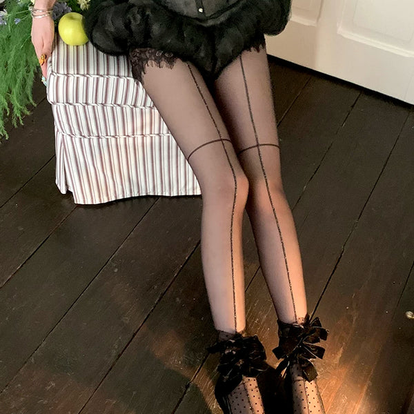 Fashion niche royal sister long legs vertical line stockings shrimp line black silk cross sexy pantyhose women's thin