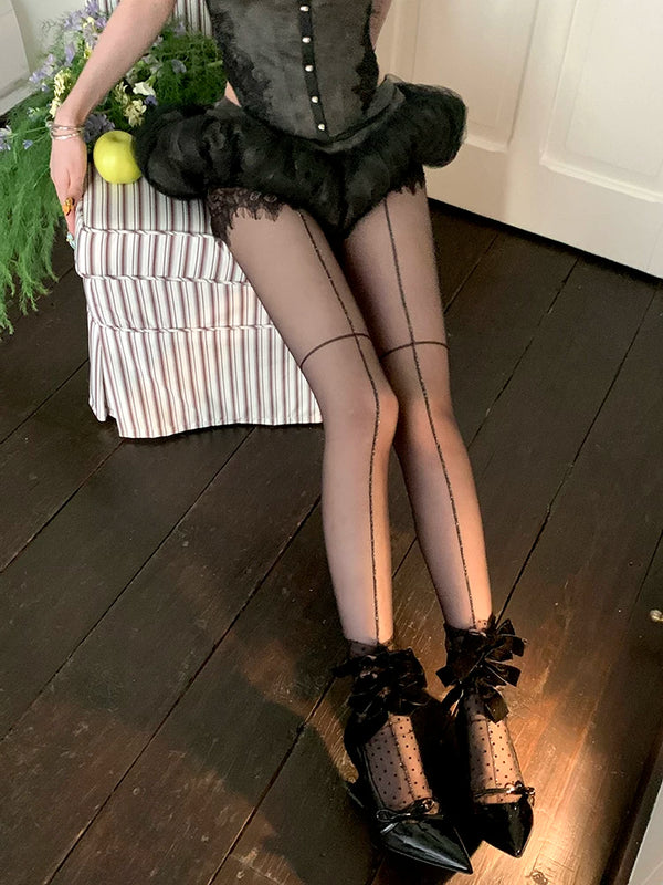 Fashion niche royal sister long legs vertical line stockings shrimp line black silk cross sexy pantyhose women's thin