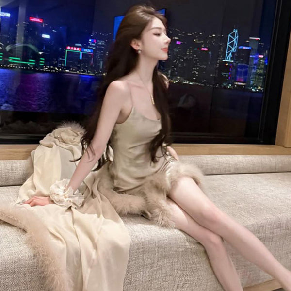 Pure Desire Wind Sexy Noble Temperament Home Sleeping Skirt Show Thin Hair Hairy Edge Strap Sleeping Skirt Lady Long Dress Royal Sister Sleeping Robe