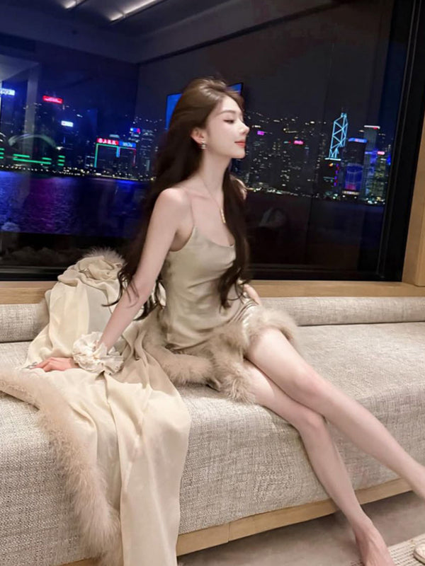 Pure Desire Wind Sexy Noble Temperament Home Sleeping Skirt Show Thin Hair Hairy Edge Strap Sleeping Skirt Lady Long Dress Royal Sister Sleeping Robe