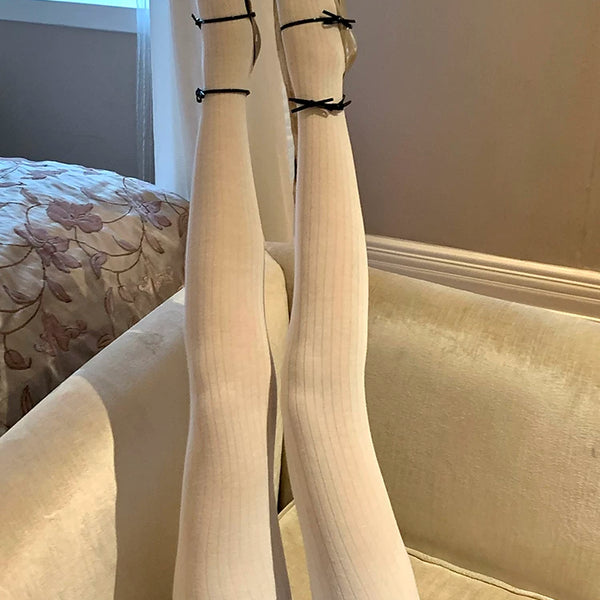 Fashion white pantyhose Korea Dongdaemun miu series wide pit striped leggings white gray stockings