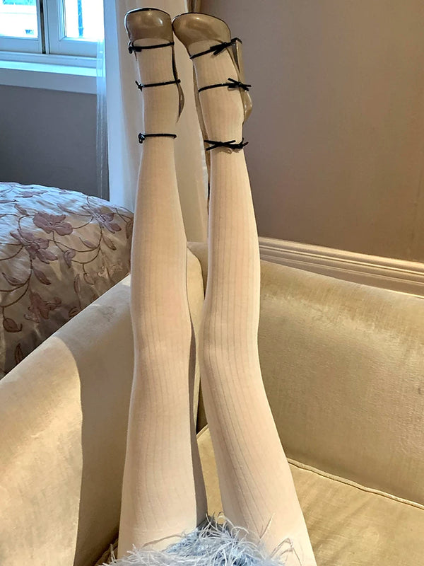 Fashion white pantyhose Korea Dongdaemun miu series wide pit striped leggings white gray stockings