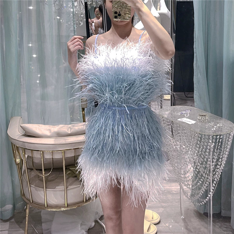 Thousand gold sense of design white swan birthday party heavy industry feather ostrich feather accessible luxury evening dress dress