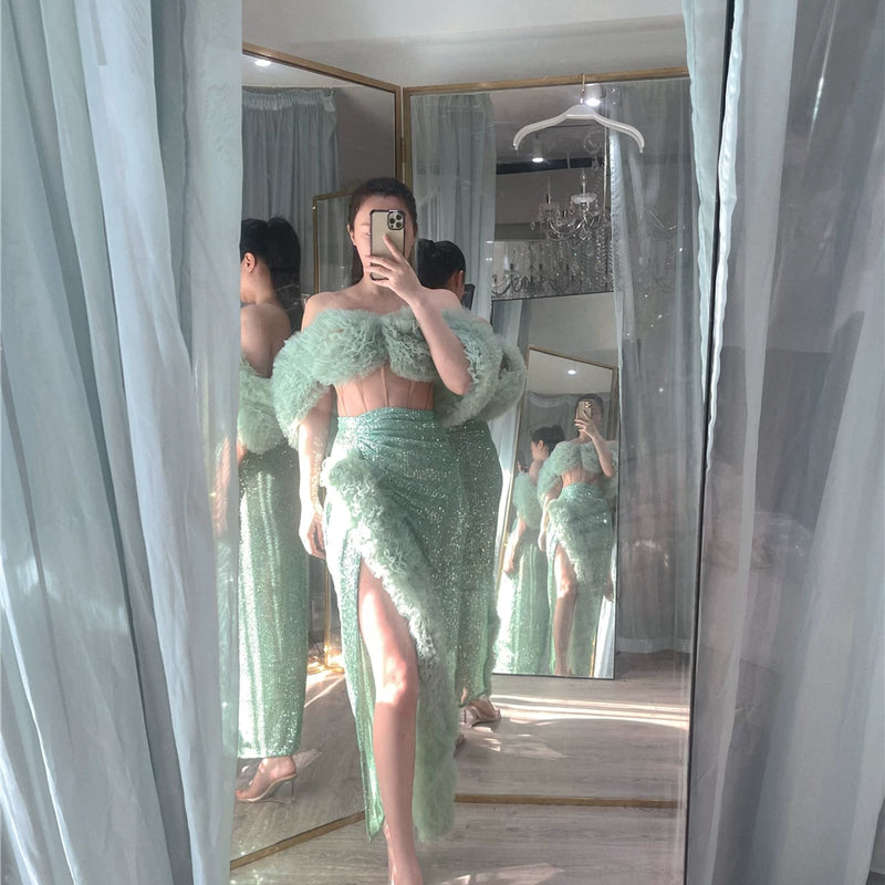 Mint Mambo | Fishbone Corset One-word Neck Fungus Edge Three-dimensional Flower High Split Sequins Wrap Skirt Set