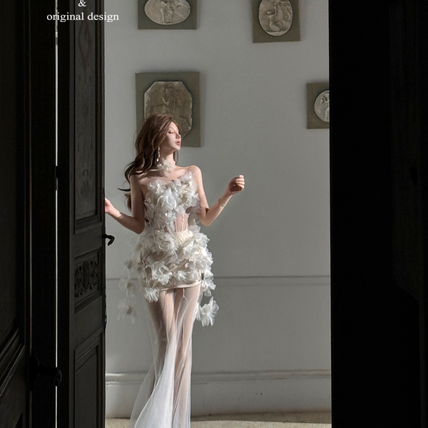 White slim and thin tube top dress split flower fairy long dress