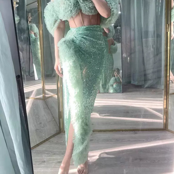 Mint Mambo | Fishbone Corset One-word Neck Fungus Edge Three-dimensional Flower High Split Sequins Wrap Skirt Set