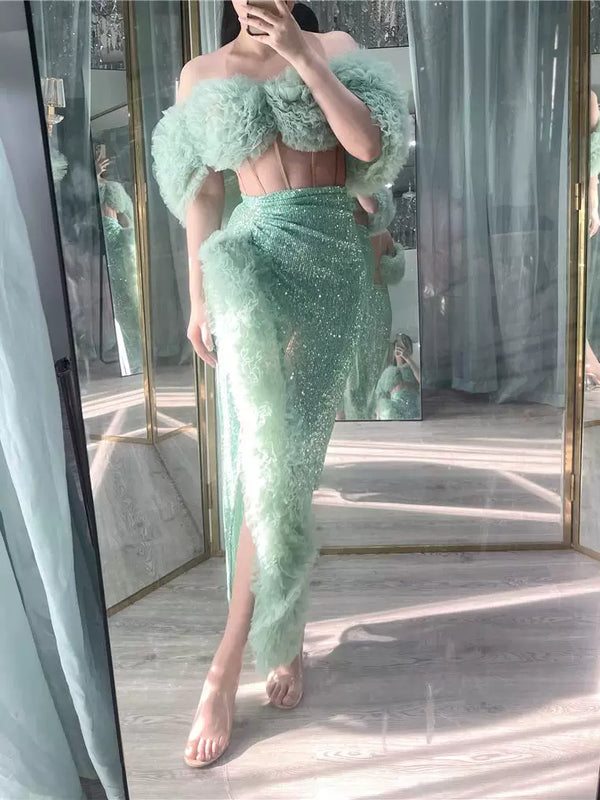 Mint Mambo | Fishbone Corset One-word Neck Fungus Edge Three-dimensional Flower High Split Sequins Wrap Skirt Set