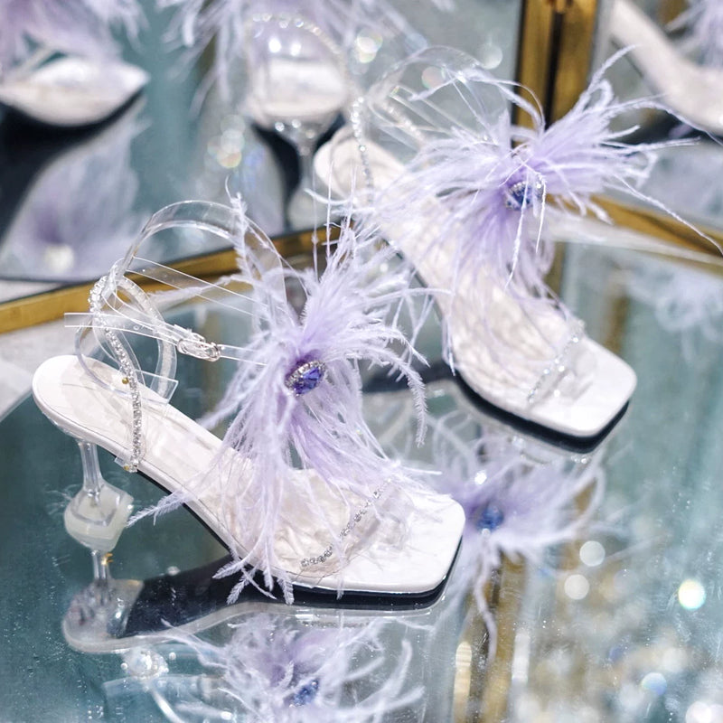 Ostrich feathers transparent one-word buckle high heels straps rhinestone sandals