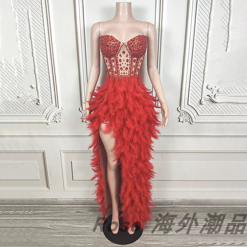 Elegant white swan-inspired feather skirt dress - slimming, rhinestone embellished mini dress for vacation, runway, party, and evening events