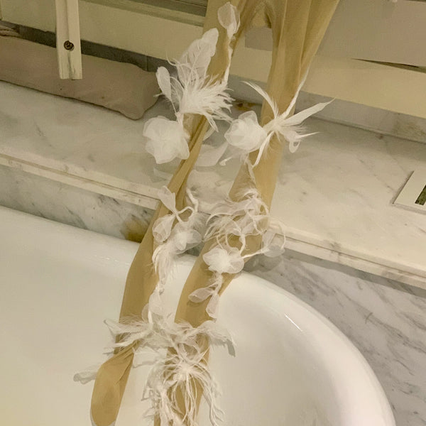 Fashion custom exaggerated sweet white feather pearl handmade socks pantyhose ultra-thin stockings