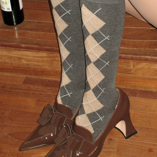 Fashion Academy Rhombus Knee Calf Socks Elegant Retro Thousand Gold Contrast Pile Socks