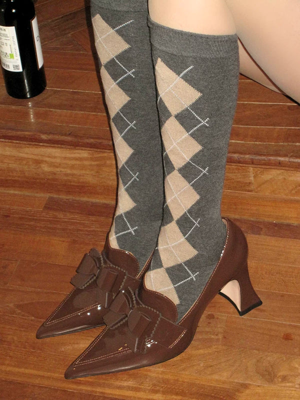 Fashion Academy Rhombus Knee Calf Socks Elegant Retro Thousand Gold Contrast Pile Socks