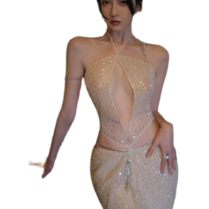 Spice Girl Sexy Sequins Neck Hollow Princess Birthday Party Dress Long Dress Noble Heavy Industry Split Skinny Dress