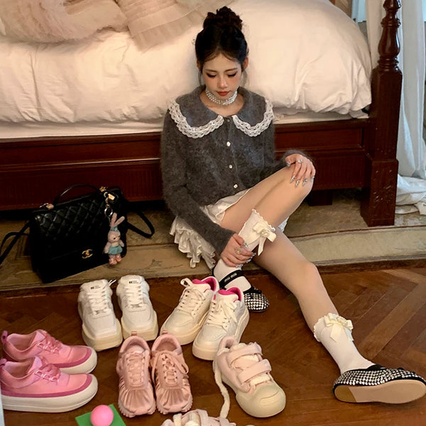 Fashion niche Japanese square diamond gem bow lace socks white black cute Lolita