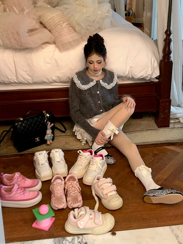 Fashion niche Japanese square diamond gem bow lace socks white black cute Lolita