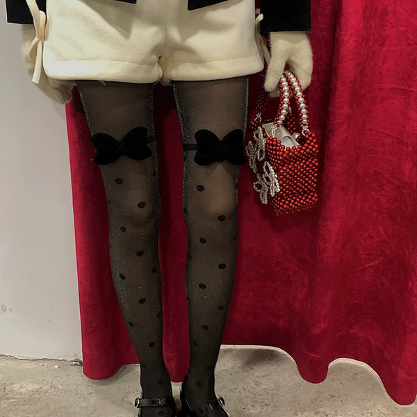 Fashion original niche design pearlescent polka dot black stockings girl bow versatile bare leg socks artifact