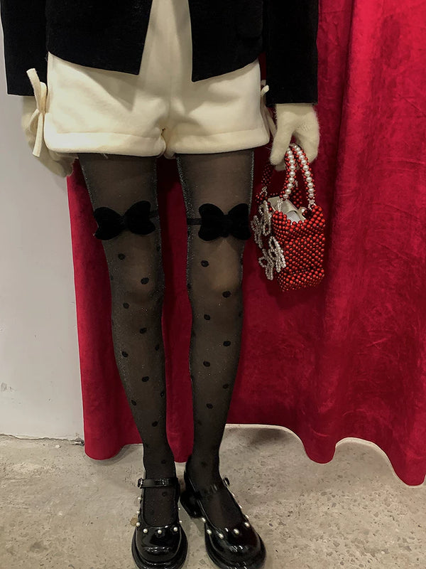 Fashion original niche design pearlescent polka dot black stockings girl bow versatile bare leg socks artifact
