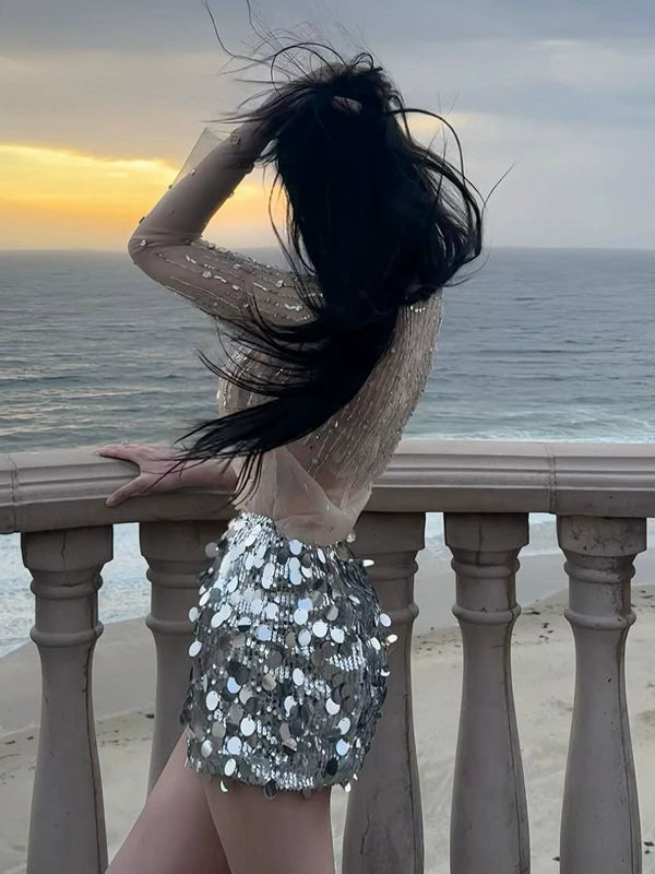 Pure desire style sexy babes beaded heavy industry rhinestone sequins long-sleeved T-shirt design niche perspective high-end top