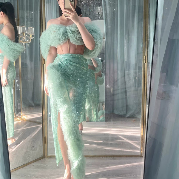 Mint Mambo | Fishbone Corset One-word Neck Fungus Edge Three-dimensional Flower High Split Sequins Wrap Skirt Set