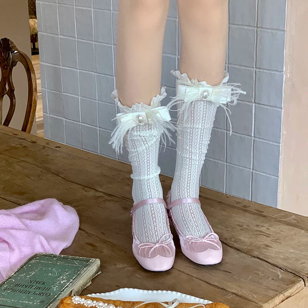 Fashion niche Japanese girl spring and summer thin lace medium tube fungus edge ostrich hair bow calf socks